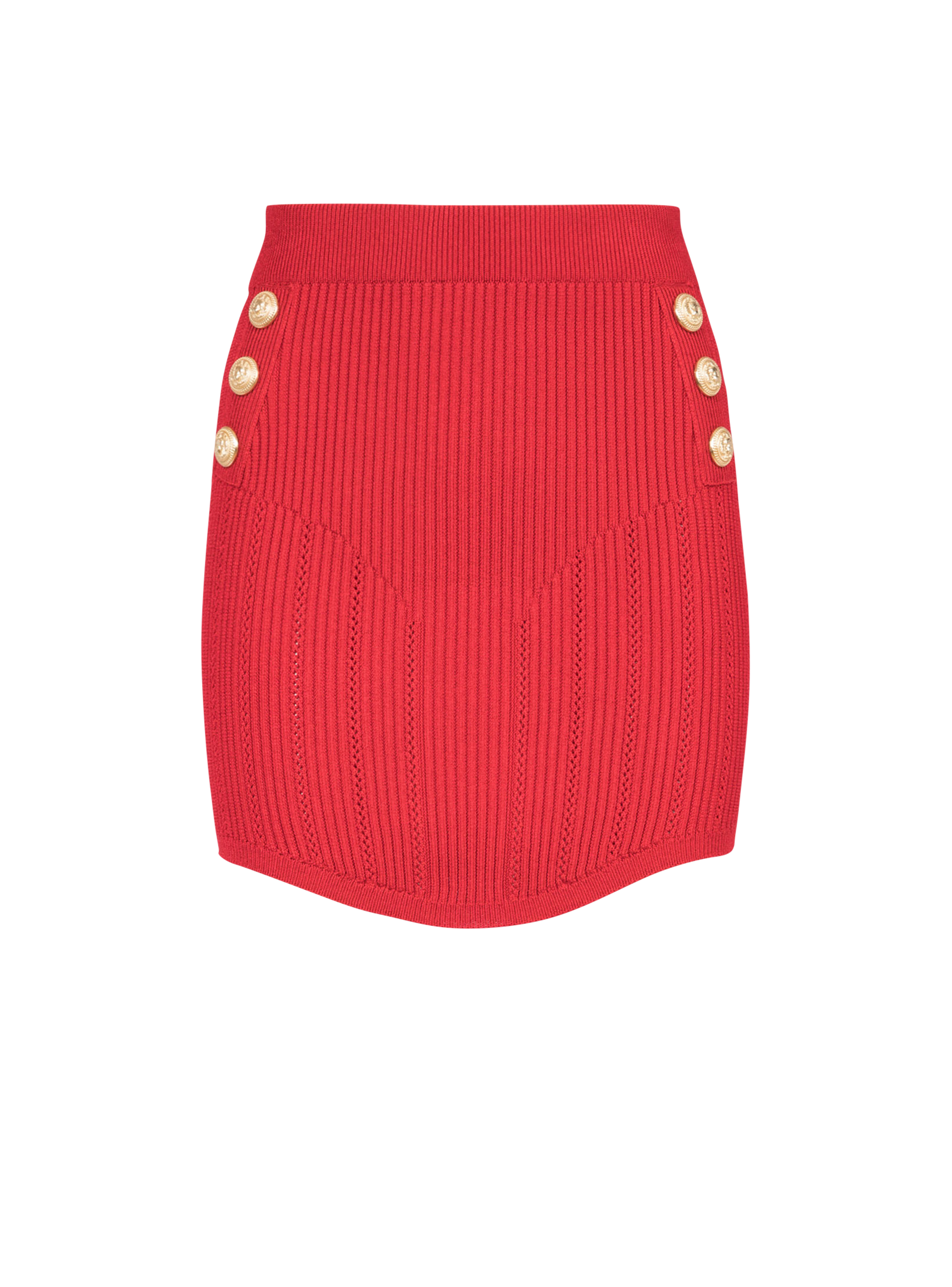 Short eco-designed knit skirt with double-buttoned fastening, red