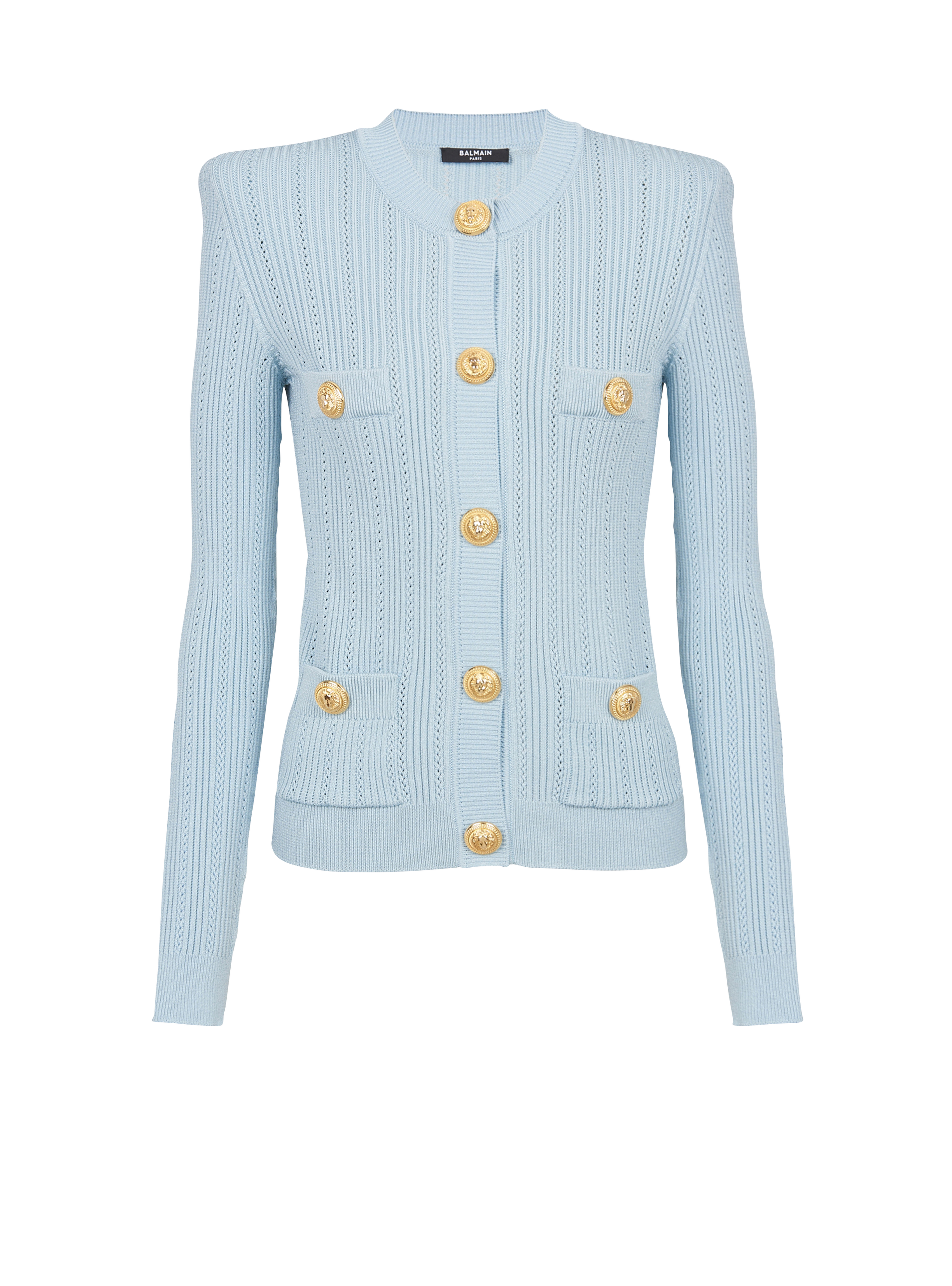 Cropped eco-designed knit cardigan with gold-tone buttons, blue