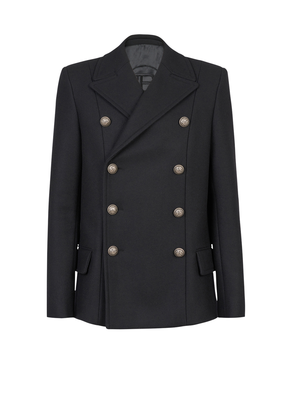 Wool pea coat with double-breasted silver-tone buttoned fastening, black, hi-res